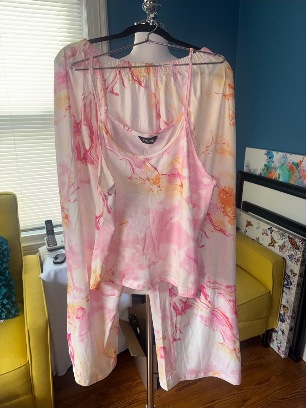 chic Marble-Print Pink & Yellow Satin Pajama Set